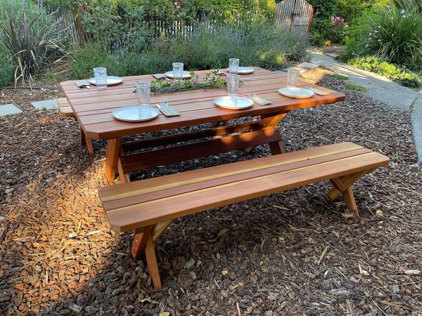 Redwood Picnic Table With Two Benches Wt Redwood Products