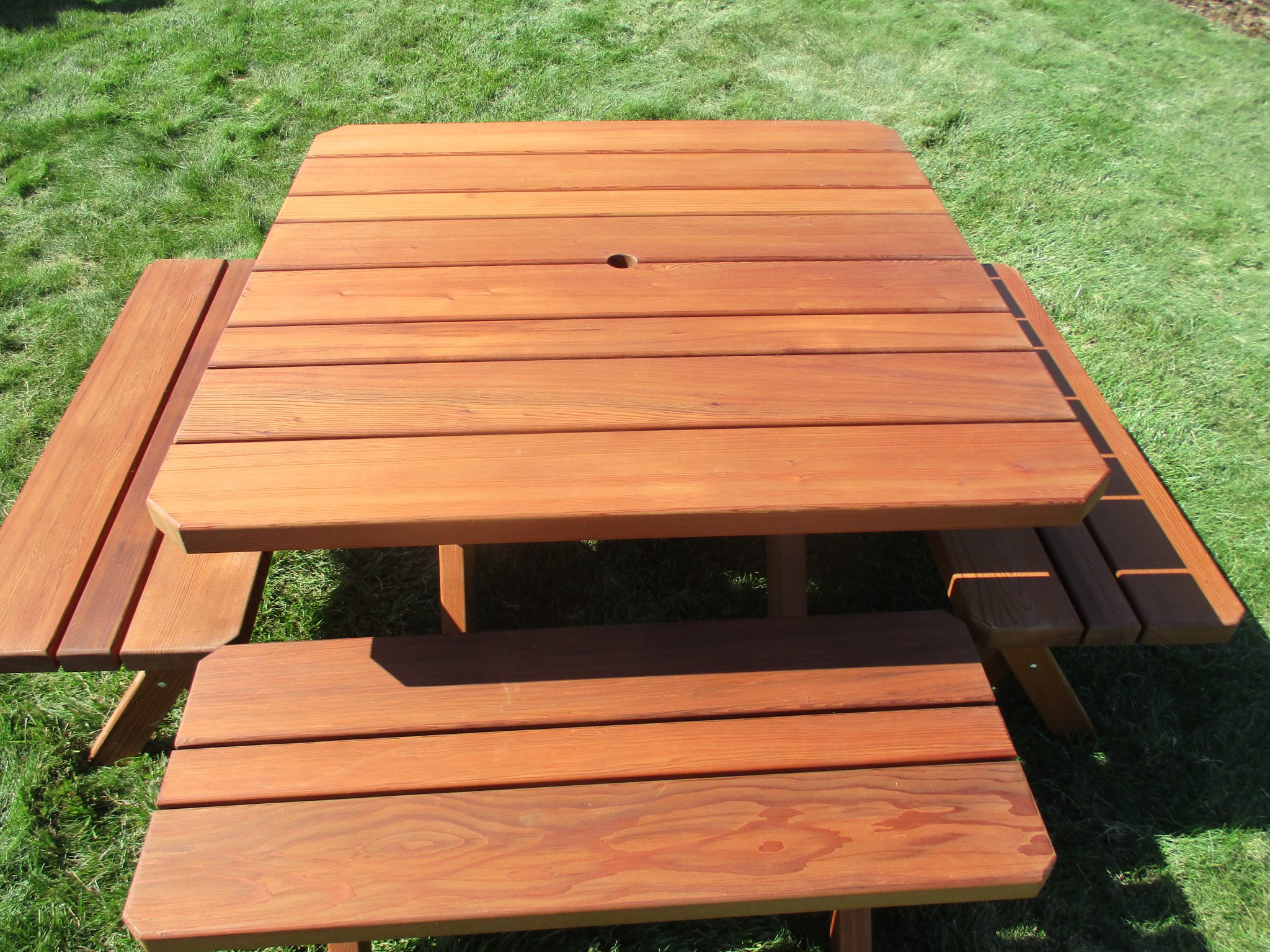 Square Redwood Picnic Table with Four Benches WT Redwood Products